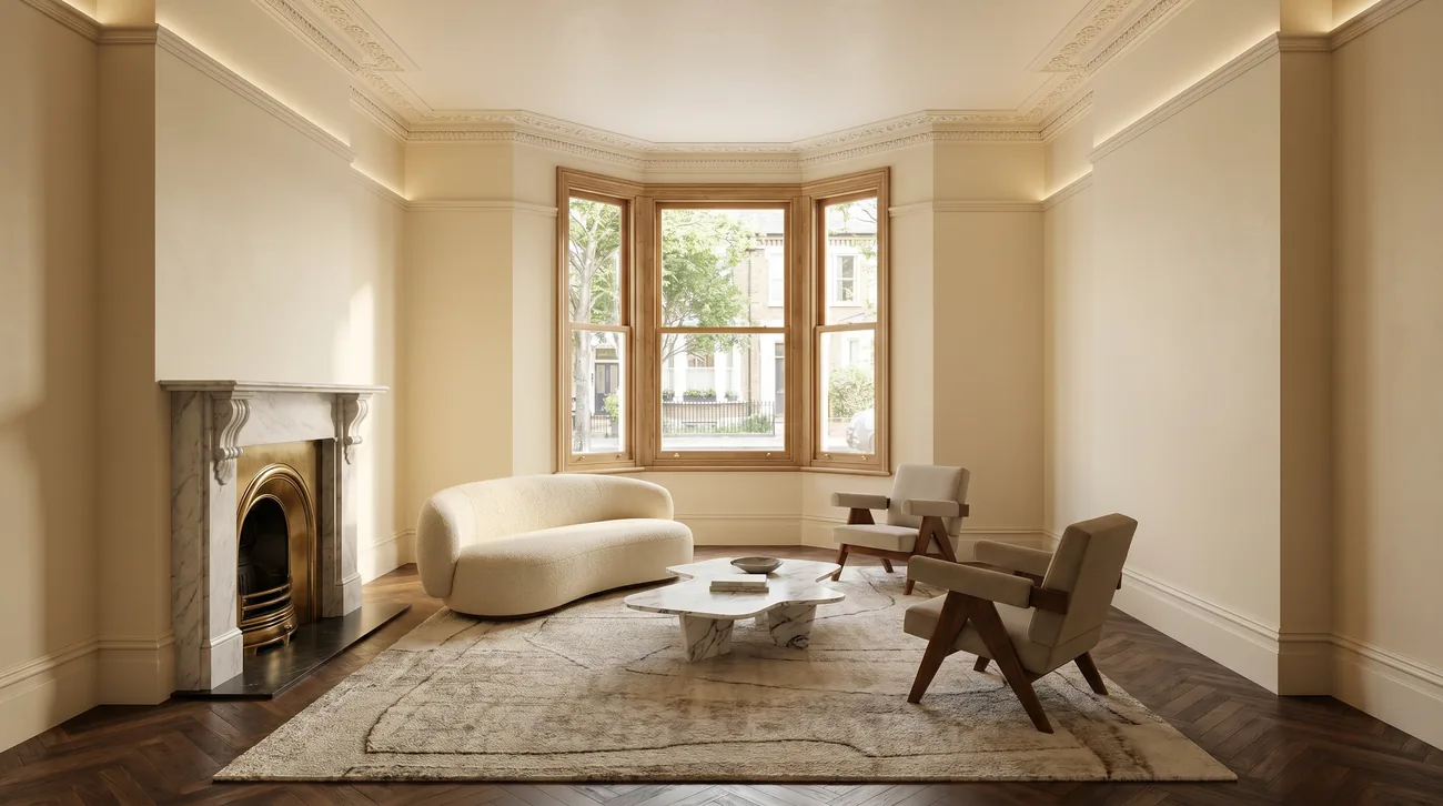 Reception room visualisation with a marble fireplace, curved sofa, and bay window.