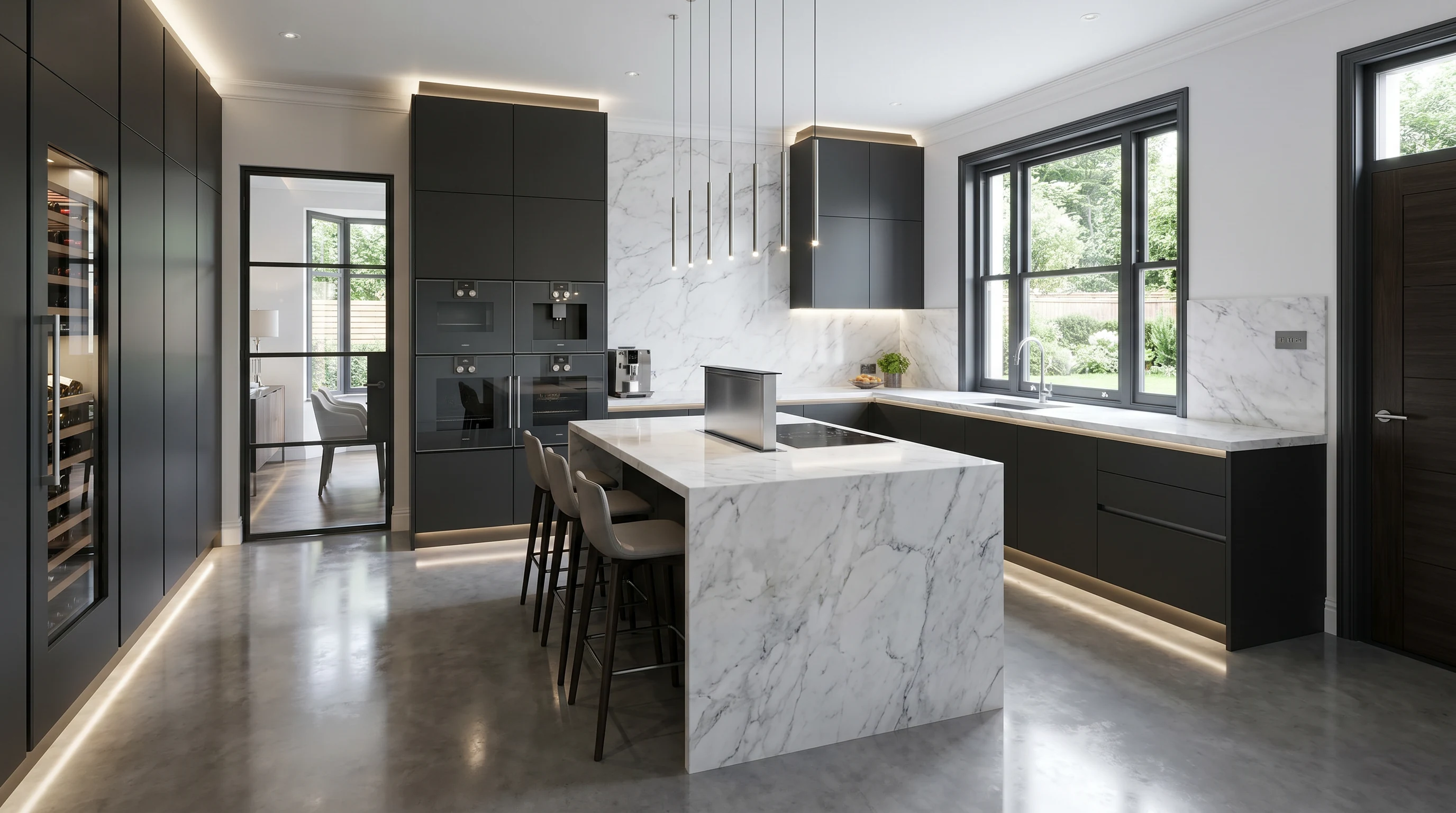 A contemporary kitchen visualisation with matt dark cabinetry, a marble island with seating, and garden views.
